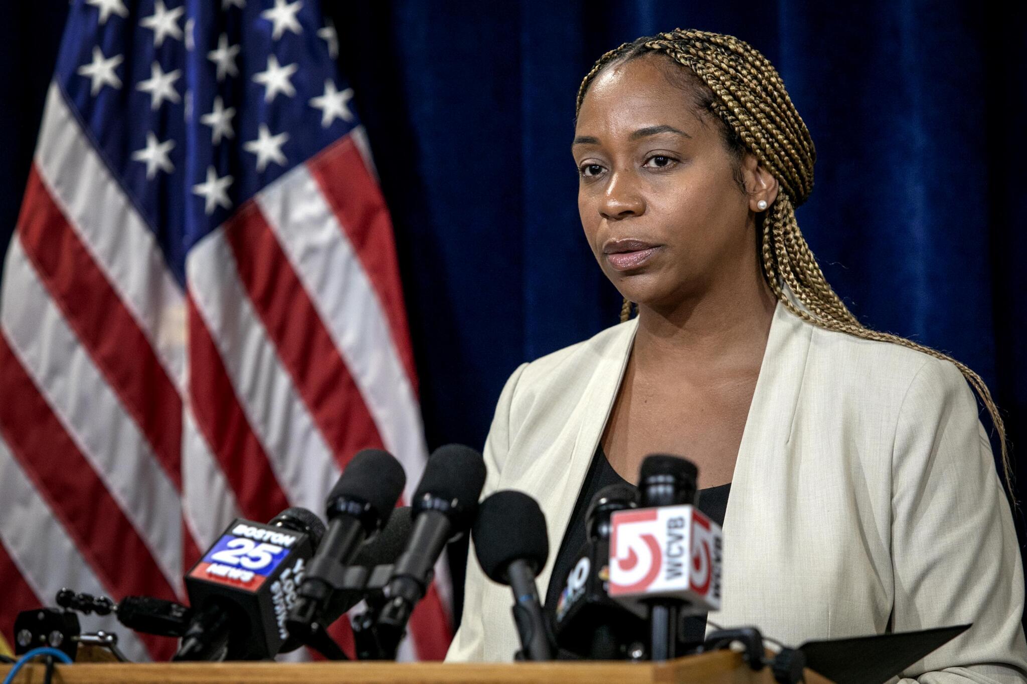 Attorney General Andrea Campbell announces the release of the state's investigation into clergy sexual abuse in the Worcester, Fall River and Springfield dioceses on Sept. 30, 2026. (Robin Lubbock/WBUR)