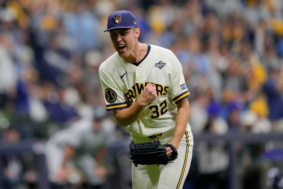 Milwaukee Brewers pitcher Jacob Misiorowski celebrates after the second inning of Game 1 of bas ...