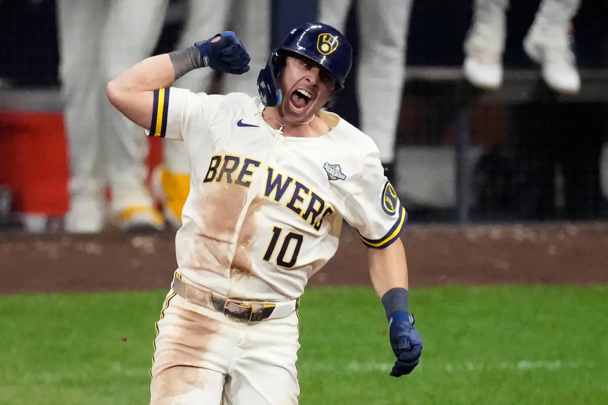 Milwaukee Brewers' Sal Frelick celebrates his home run during the sixth inning of Game 2 o ...