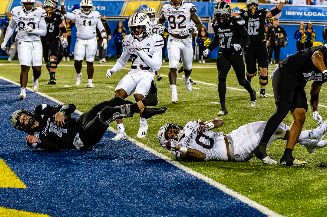 Delaware quarterback Nick Minicucci dives into the endzone for his lone rushing touchdown against Missouri State. Photo credit: Dave Reeder