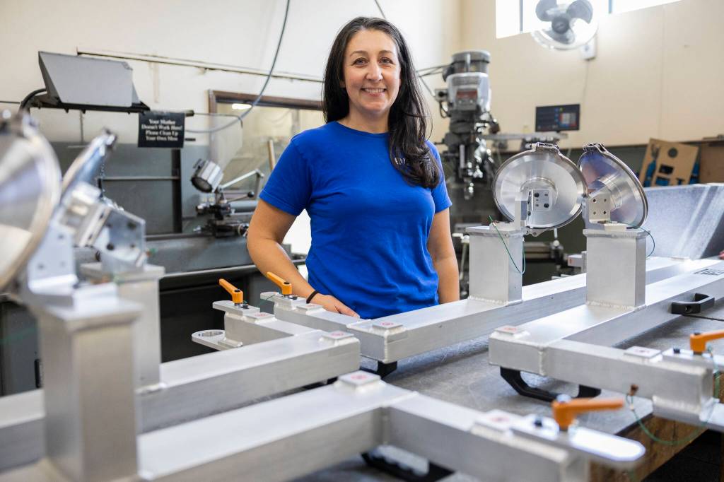 New Tech Industries Director Gina Morken inside their shop on Thursday, Sept. 10, 2026 in Mukilteo, Washington. (Olivia Vanni / The Herald)