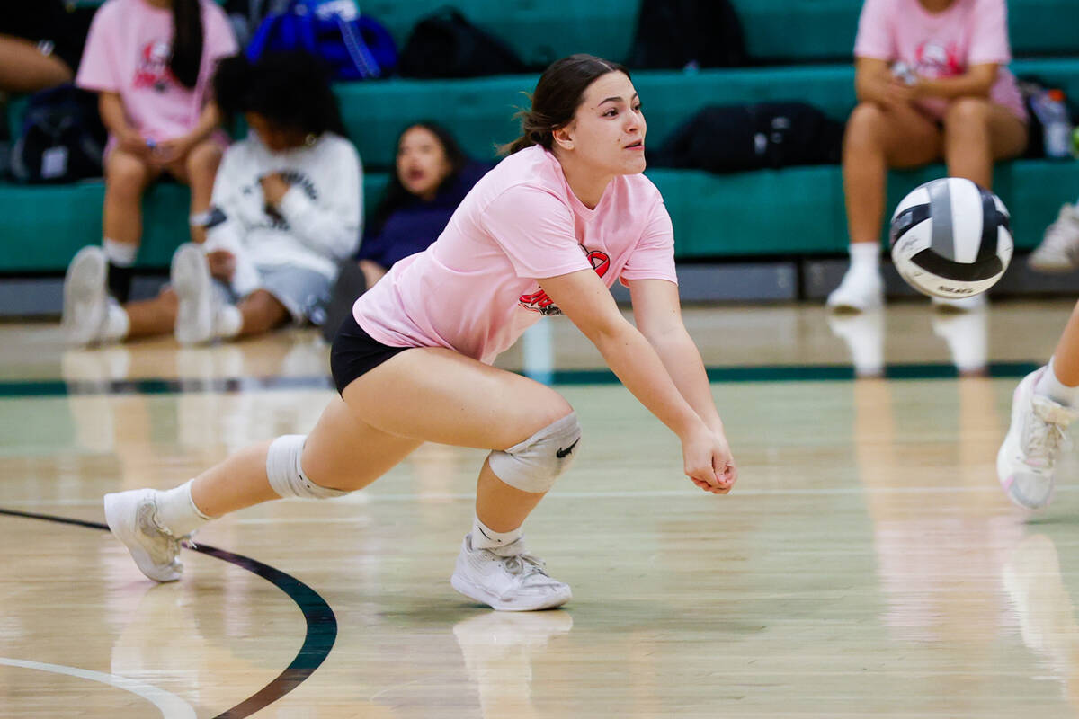 Palo Verde junior Ava Neubauer (11) dives for the ball against Centennial during a Class 5A vol ...