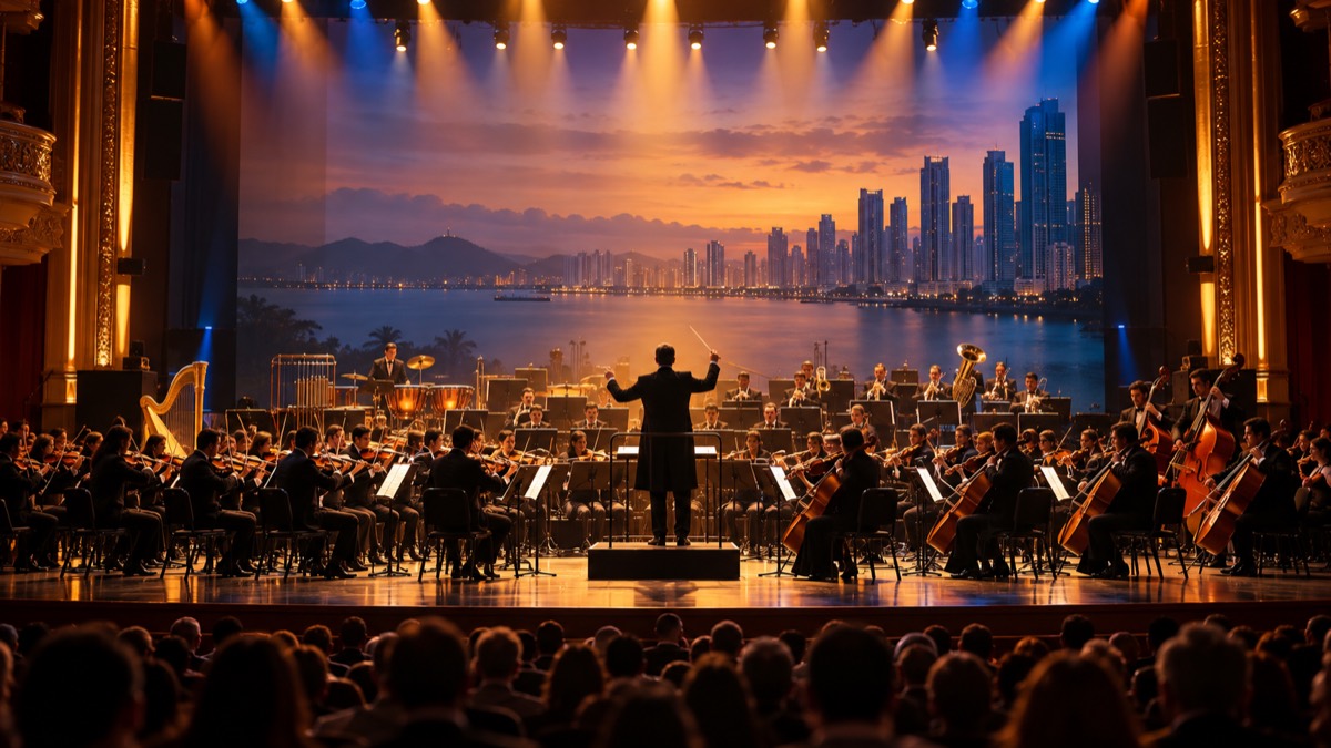 Illustrative AI-generated image of a symphony performance in Panama City
