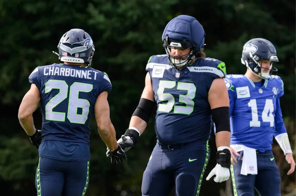 Quenton Nelson (53) participates in his first practice at the Virginia Mason Athletic Center in Renton, Washington on Thursday, Oct. 29, 2026 with the Seahawks after being acquired by Seattle in a trade with the Colt.