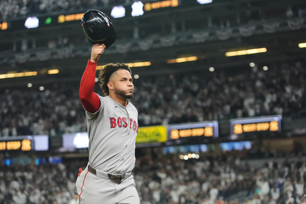 Boston Red Sox's Wilyer Abreu walks back to the dugout after striking out against the New York Yankees during the fourth inning in Game 2 of baseball's American League Wild Card Series, Wednesday, Sept. 30, 2026. (Frank Franklin II/AP)