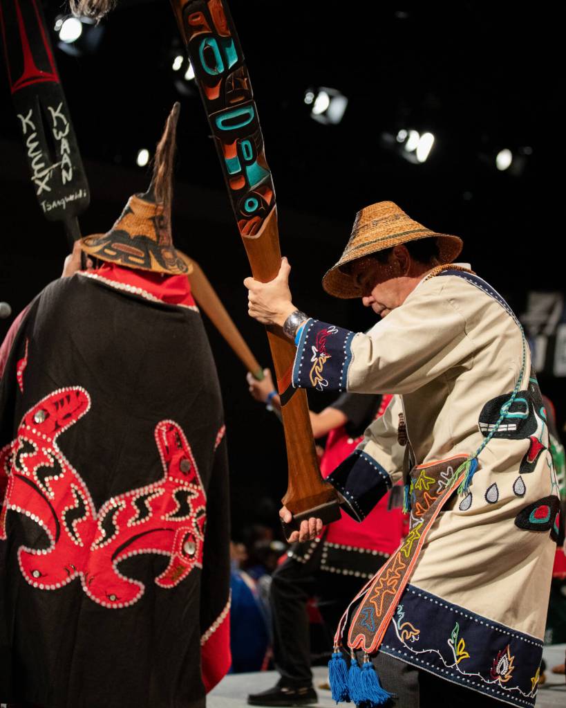Ḵéex̱’ Ḵwáan performs during Celebration 2026. The Kake-based multigenerational group will be the lead dance group for the 2028 festival. (Photo by Chloe Anderson, courtesy of Sealaska Heritage)
