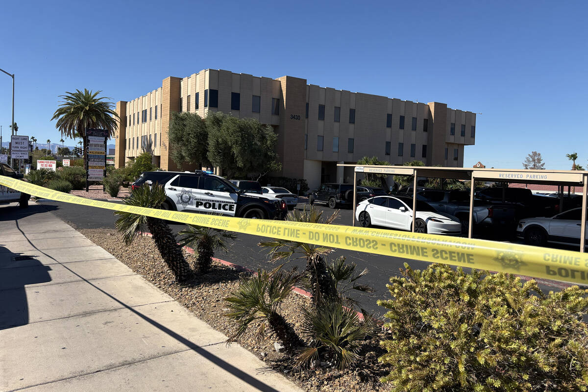 Police investigate a shooting death Thursday, Oct. 15, 2026, in the 3400 block of East Flamingo ...
