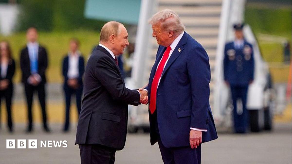 Putin and Trump shaking hands, with Air Force One in the background.