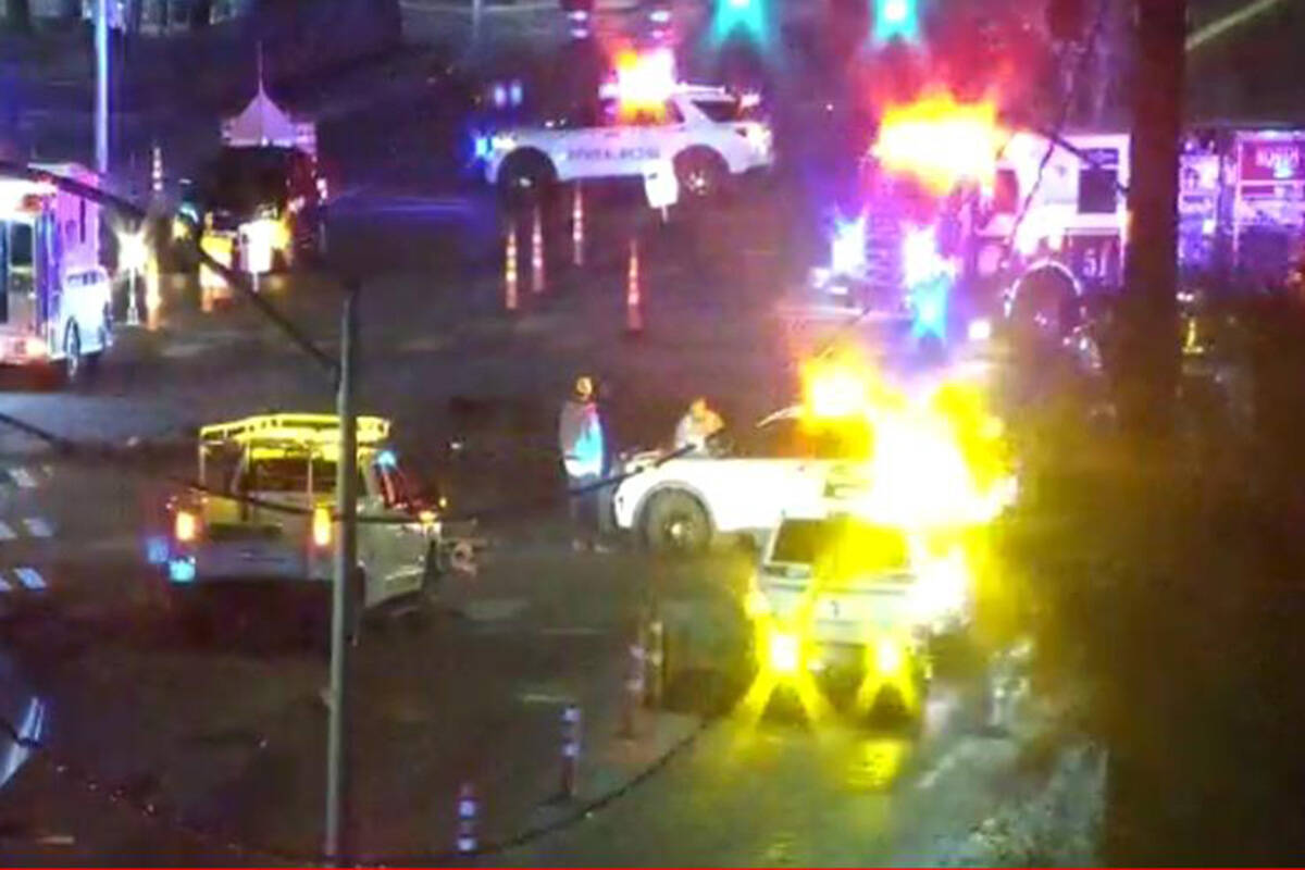 Police investigate a fatal crash Sunday, Oct. 18, 2026, near East Carey Avenue and Las Vegas Bo ...