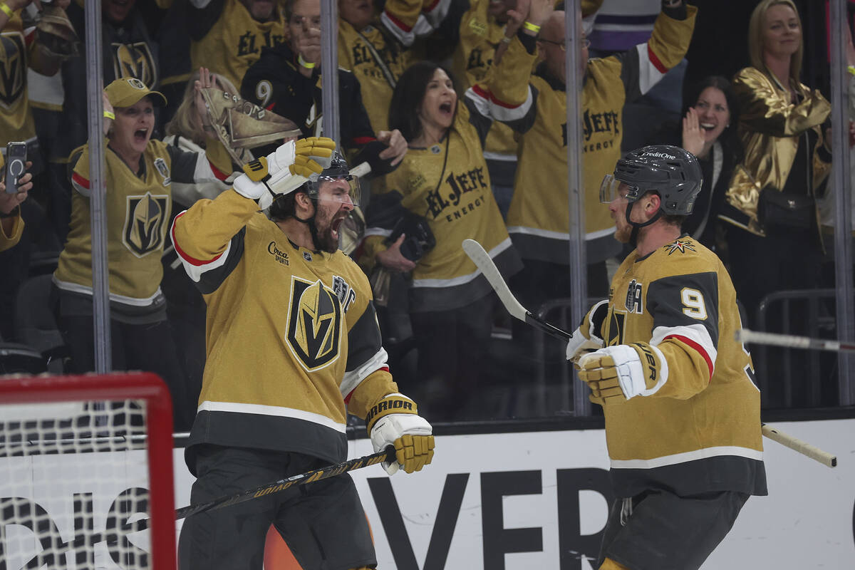 Golden Knights right wing Mark Stone (61) celebrates his goal against the Carolina Hurricanes w ...