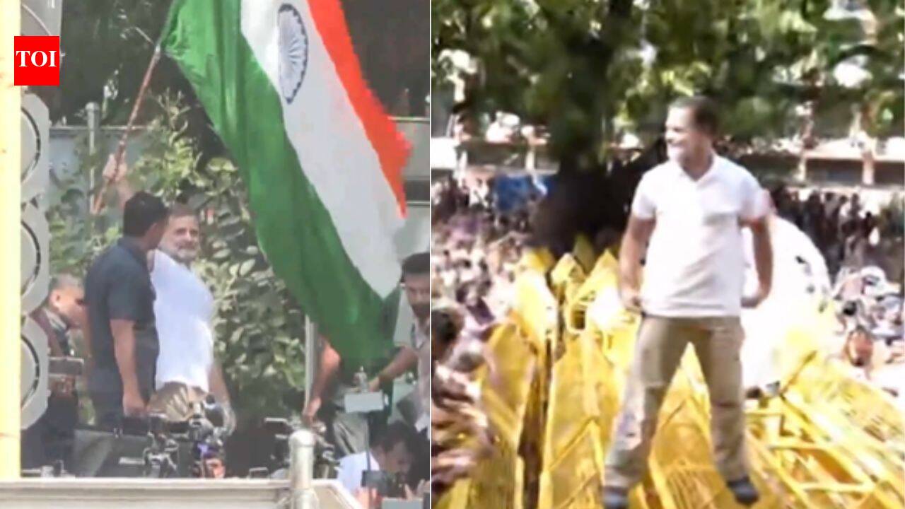 Watch: Rahul Gandhi climbs barricades, waves Tricolour as cops stop INDIA bloc march against CEC | India News