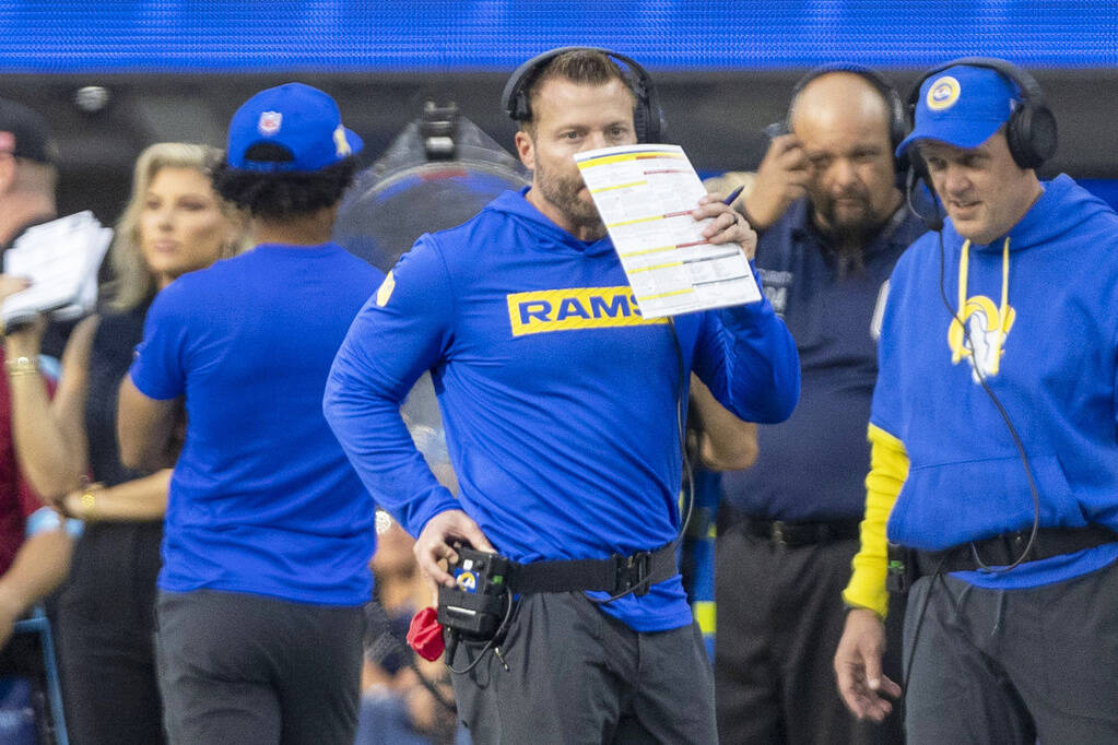 Los Angeles Rams head coach Sean McVay on the sideline during the second half of an NFL game ag ...