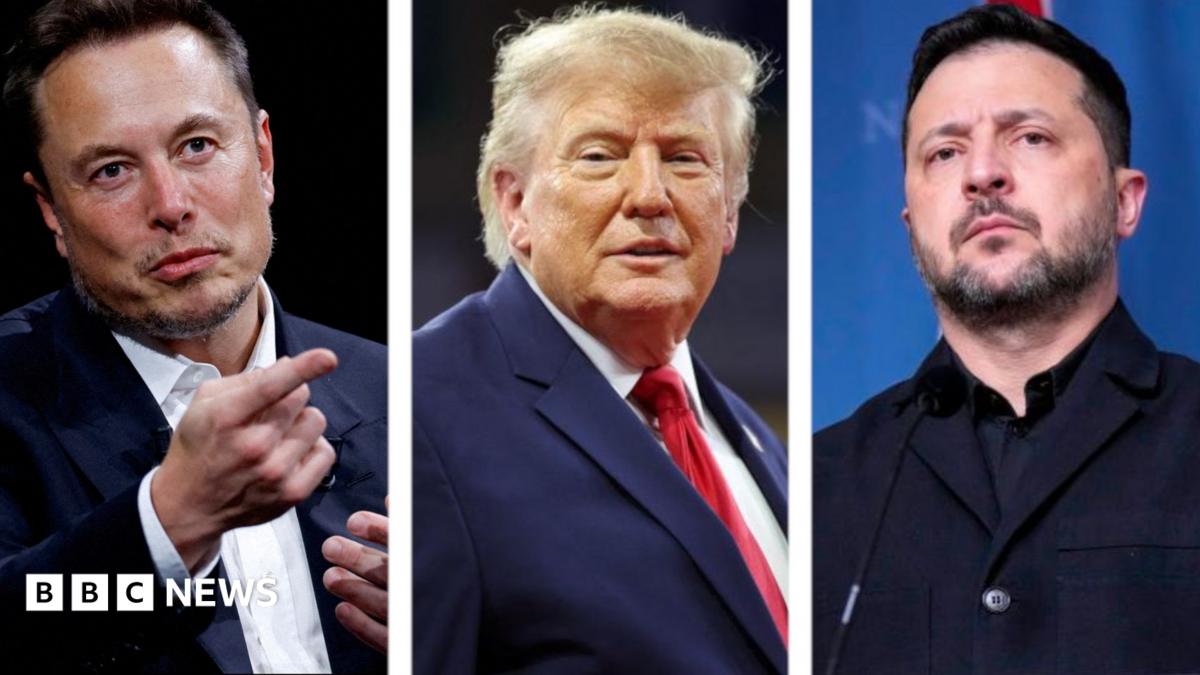 A three-panel composite showing Elon Musk, Donald Trump and Volodymyr Zelensky in separate portrait photographs.